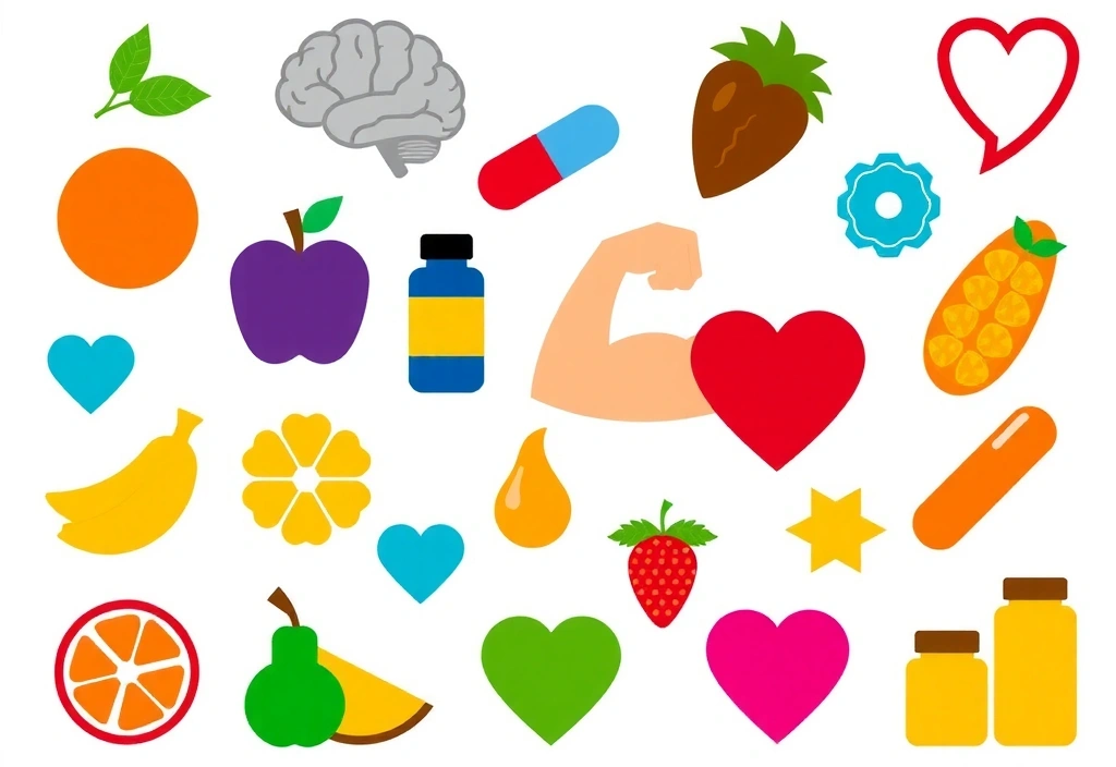 Ilustración de categorías de blog, con iconos representando diferentes tipos de suplementos y nutrición.