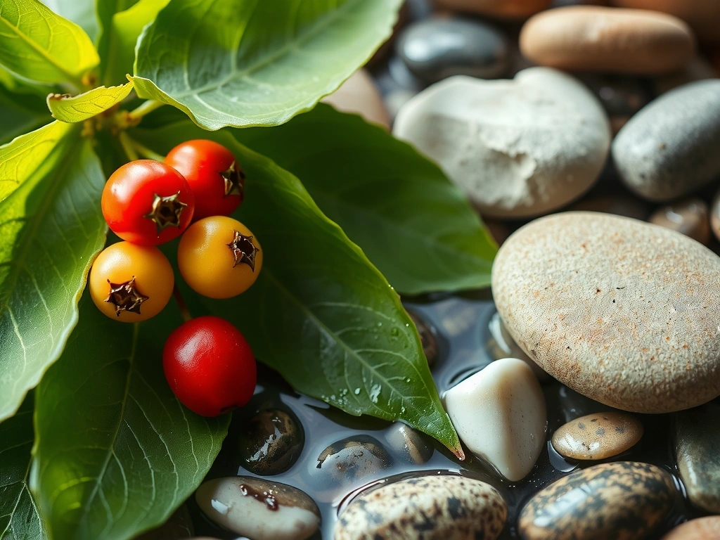 Elementos naturales como plantas, frutas y agua que simbolizan salud y bienestar.