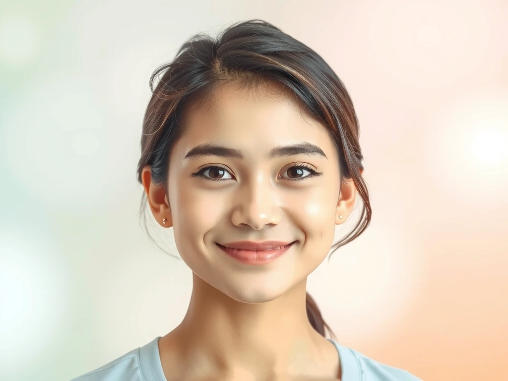 Una persona sonriendo, con un fondo suave de colores pastel que evoca calma y bienestar.