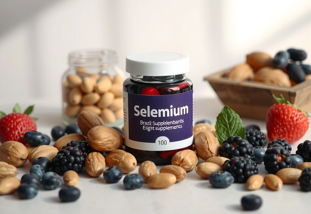 Suplementos de selenio en un frasco con nueces de Brasil y bayas