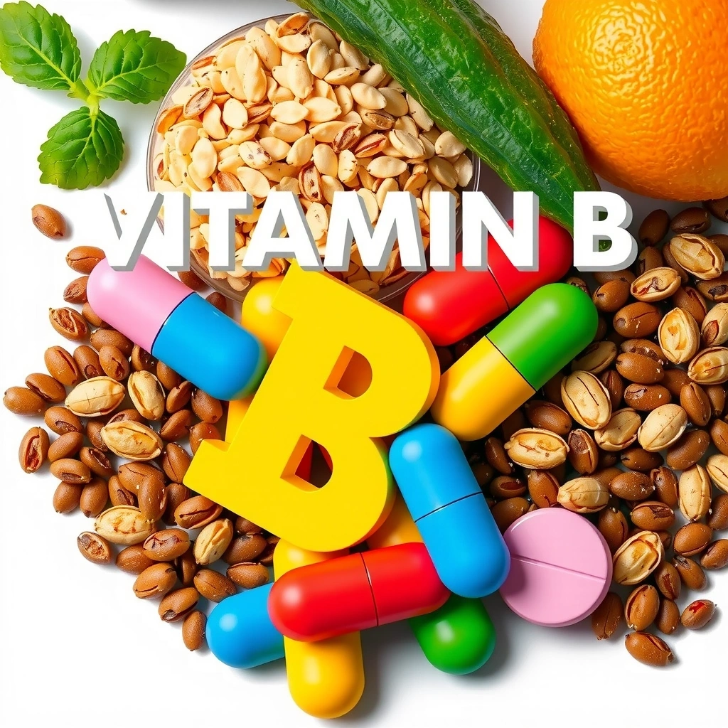 Ilustración de Complejo B, con varias píldoras multicolores y alimentos como granos integrales y legumbres