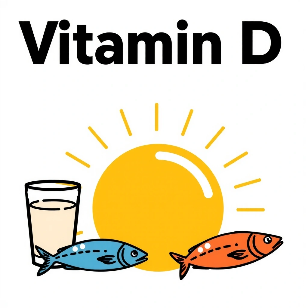 Ilustración de Vitamina D, con un sol brillante y leche